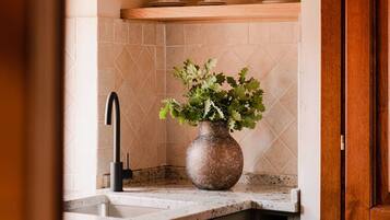 A kitchen with a granite countertop, a sink, a vase with green foliage, and a wooden door.