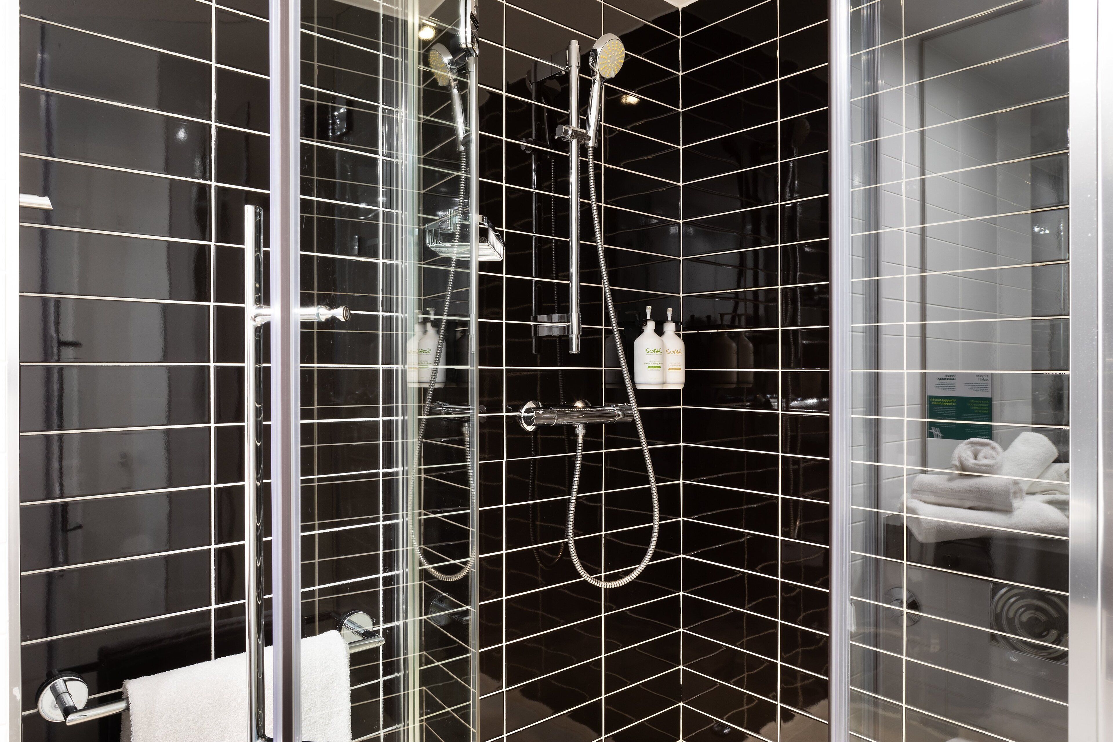 shower, free toiletries, hair dryer, towels