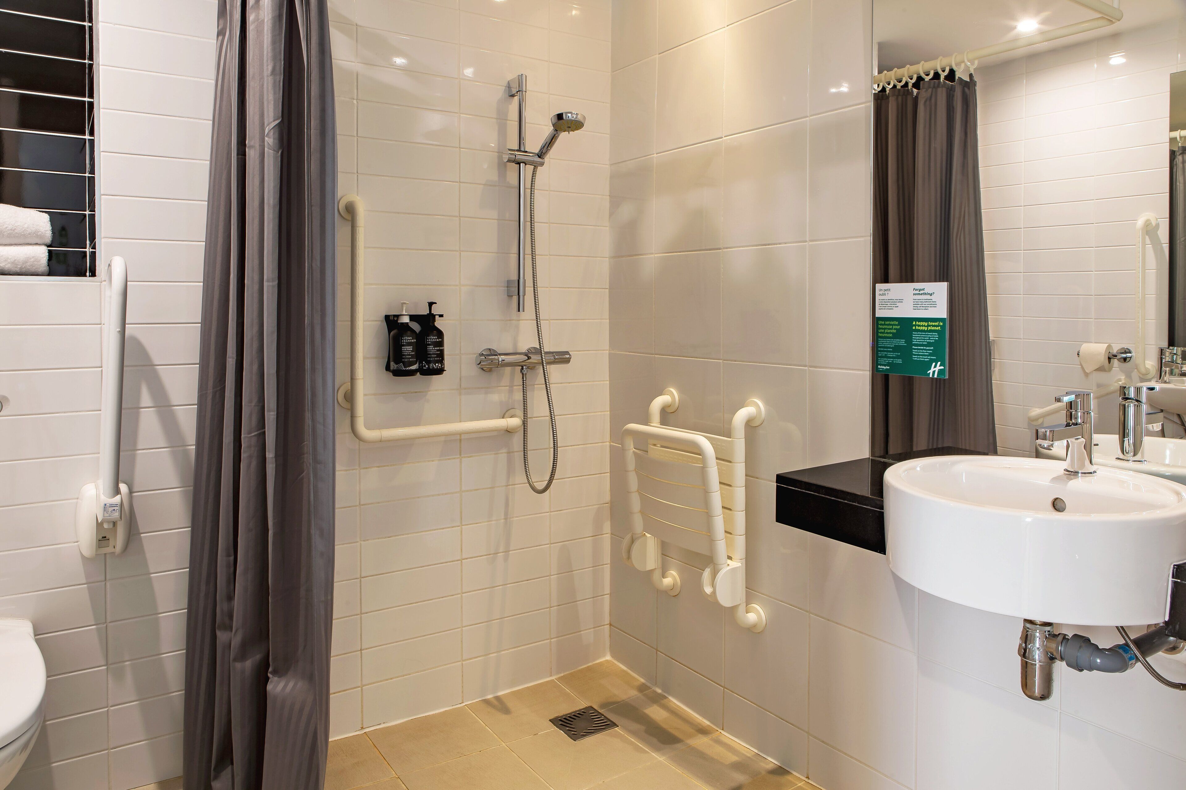 premium room, 1 queen bed, accessible | bathroom | shower, free toiletries, hair dryer, towels
