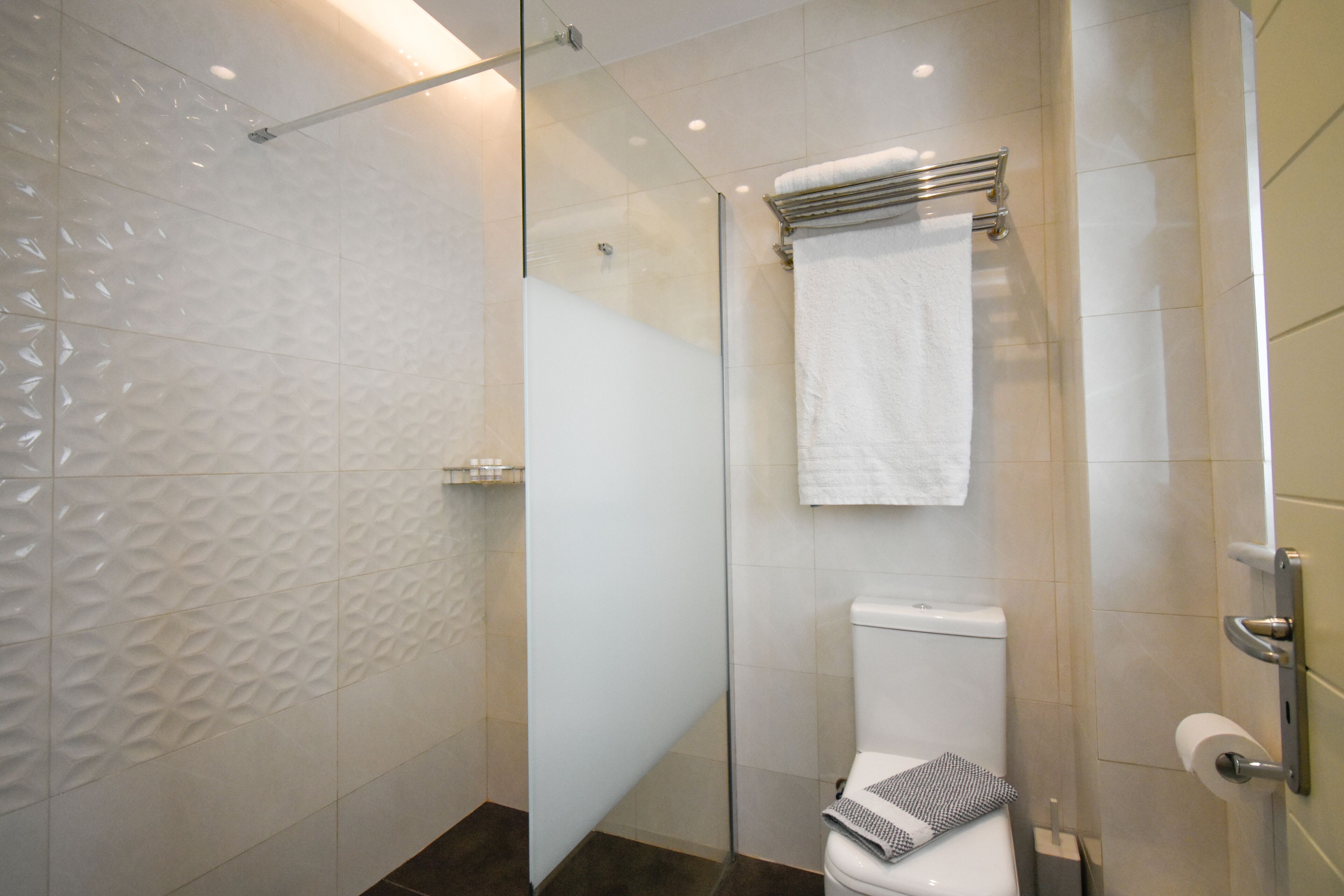 Un baño moderno con cabina de ducha de vidrio, un inodoro blanco y un perchero para toallas.
