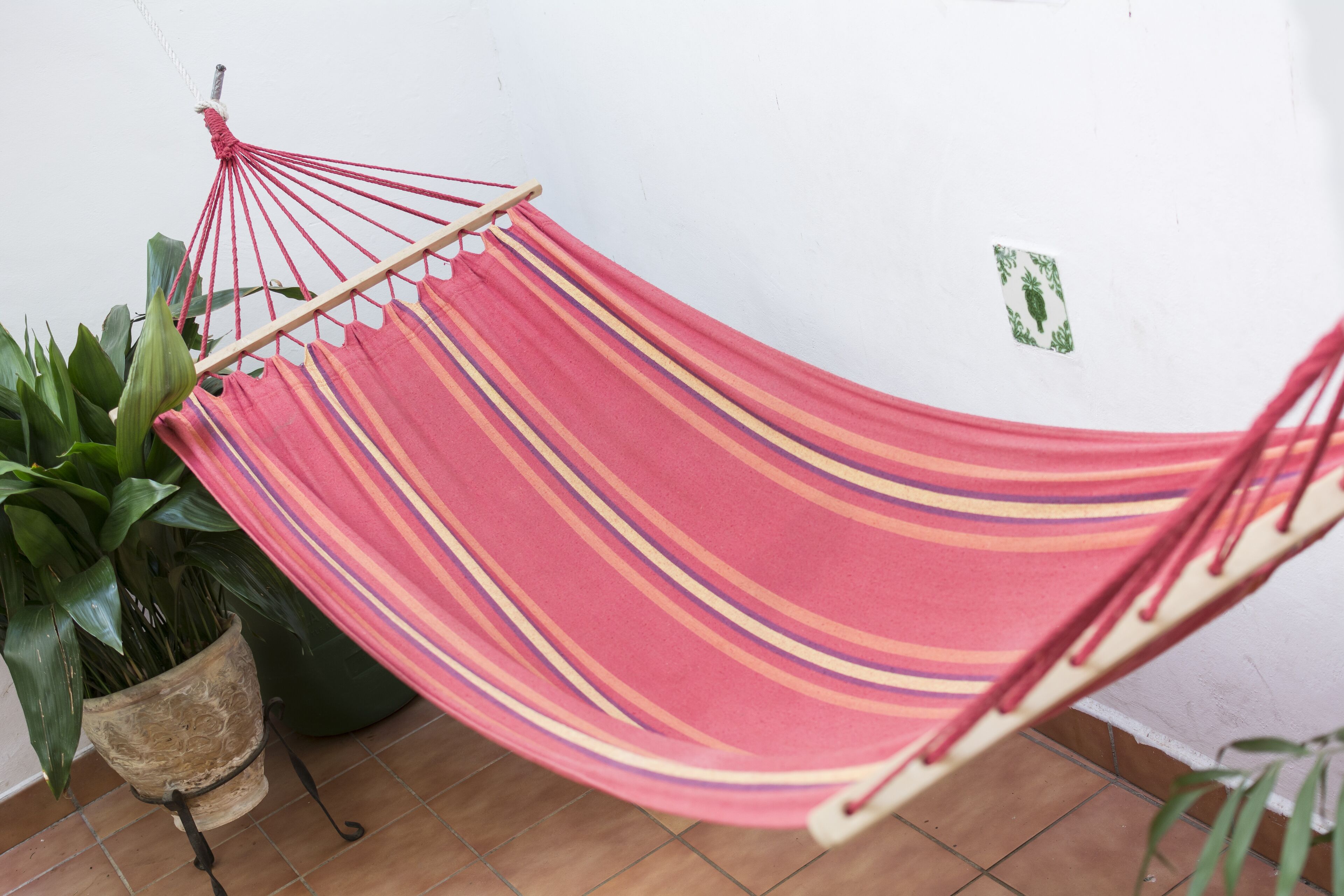Un hamac en tissu à rayures, une plante en pot et un sol carrelé.