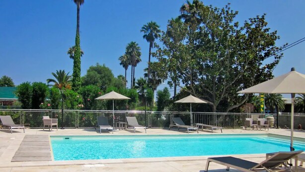Piscina con sillas de descanso y sombrillas, rodeada de palmeras y una cerca.