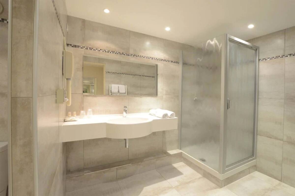 free toiletries, hair dryer, towels