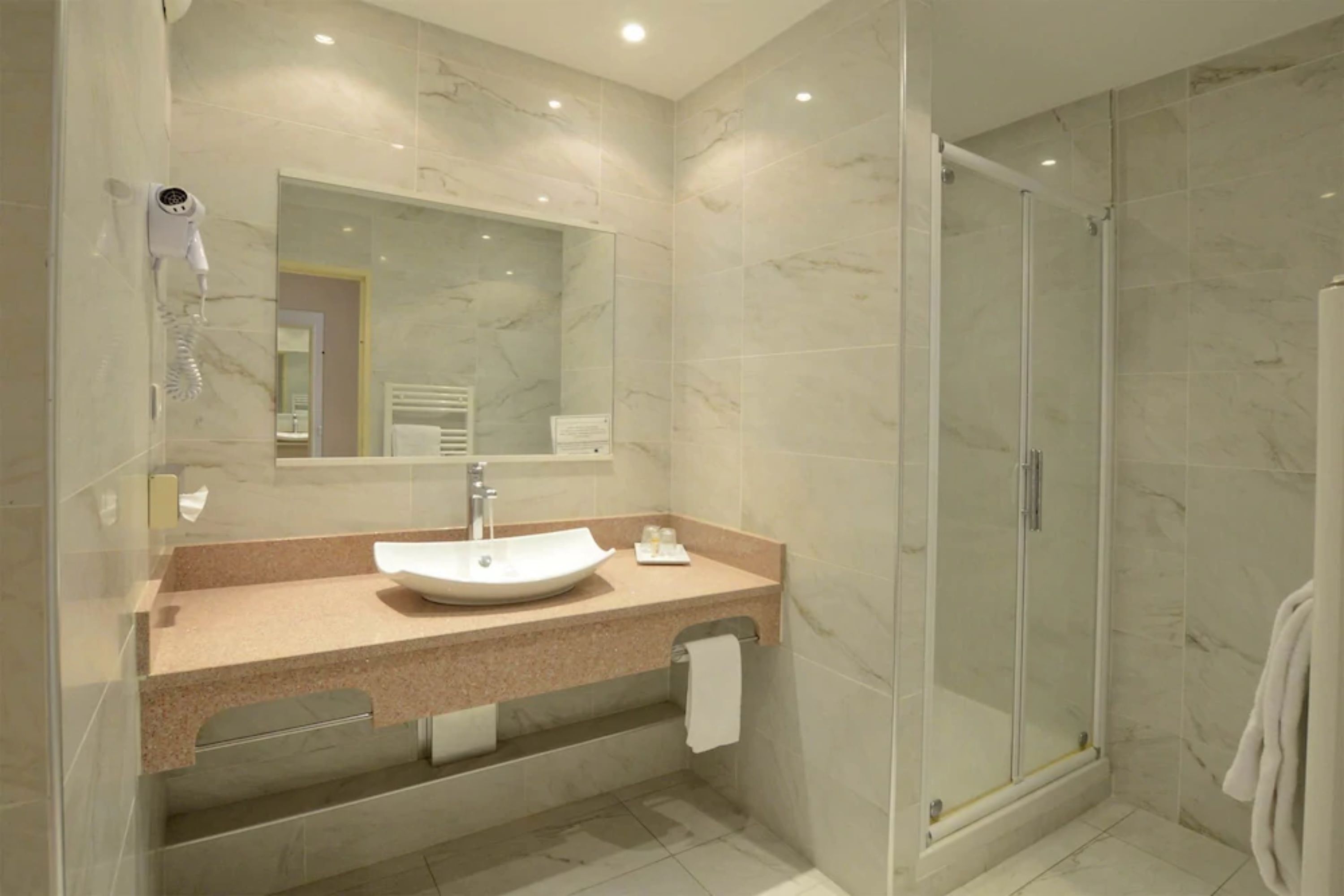 free toiletries, hair dryer, towels