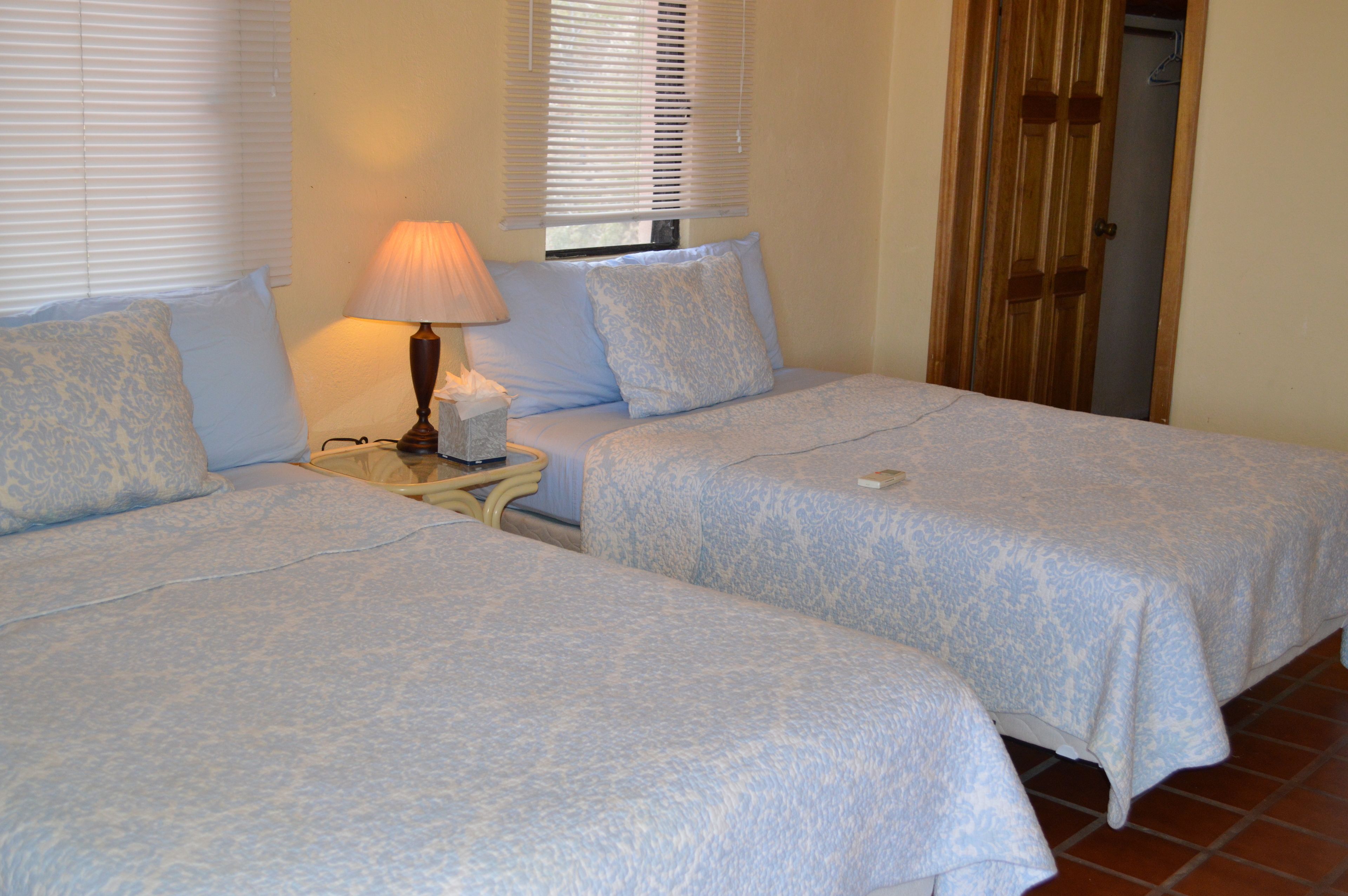 A room with two beds, a bedside table with a lamp, and a wooden door.