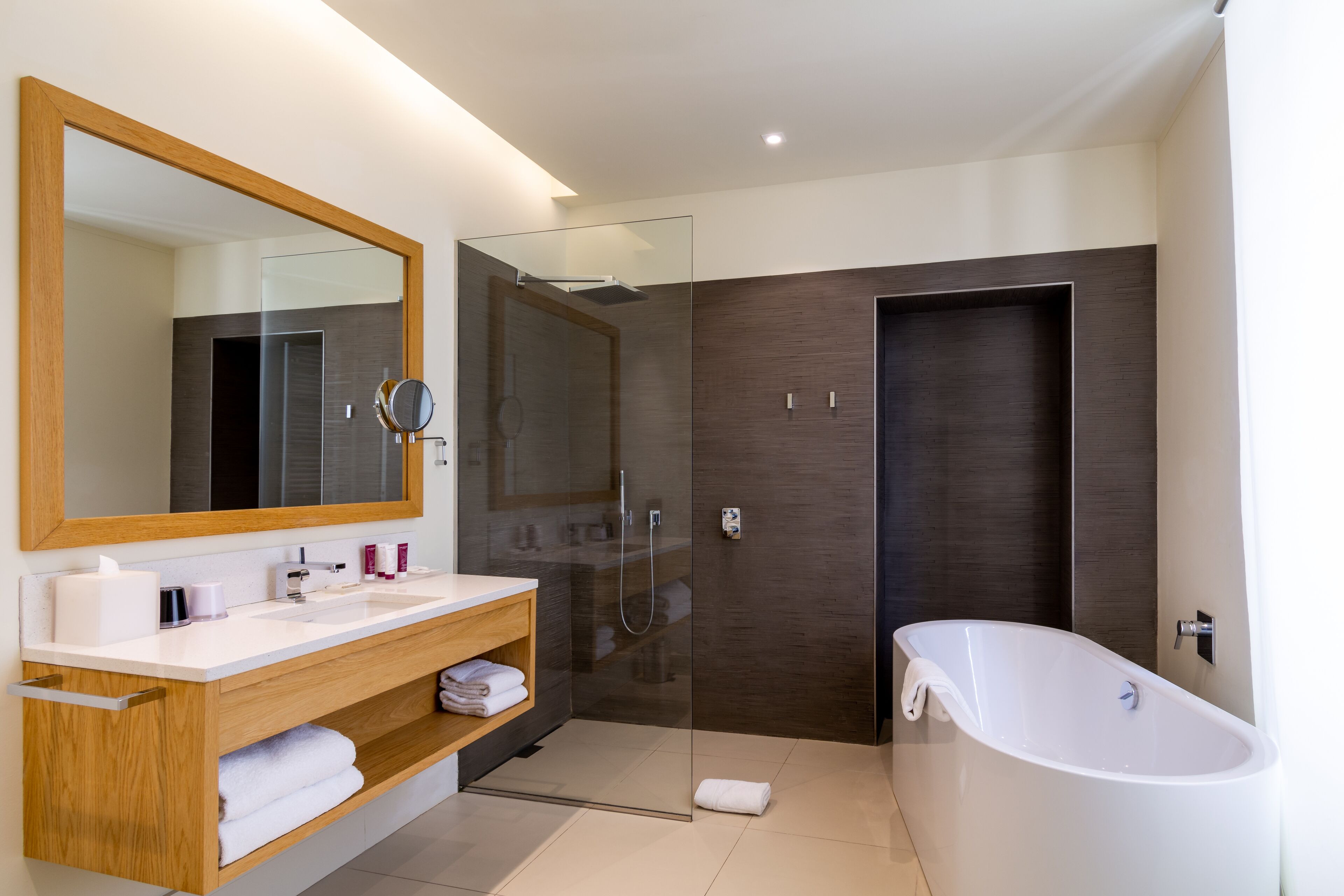suite | bathroom | hair dryer, bathrobes, towels, shampoo