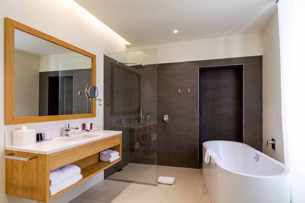 suite | bathroom | hair dryer, bathrobes, towels, shampoo