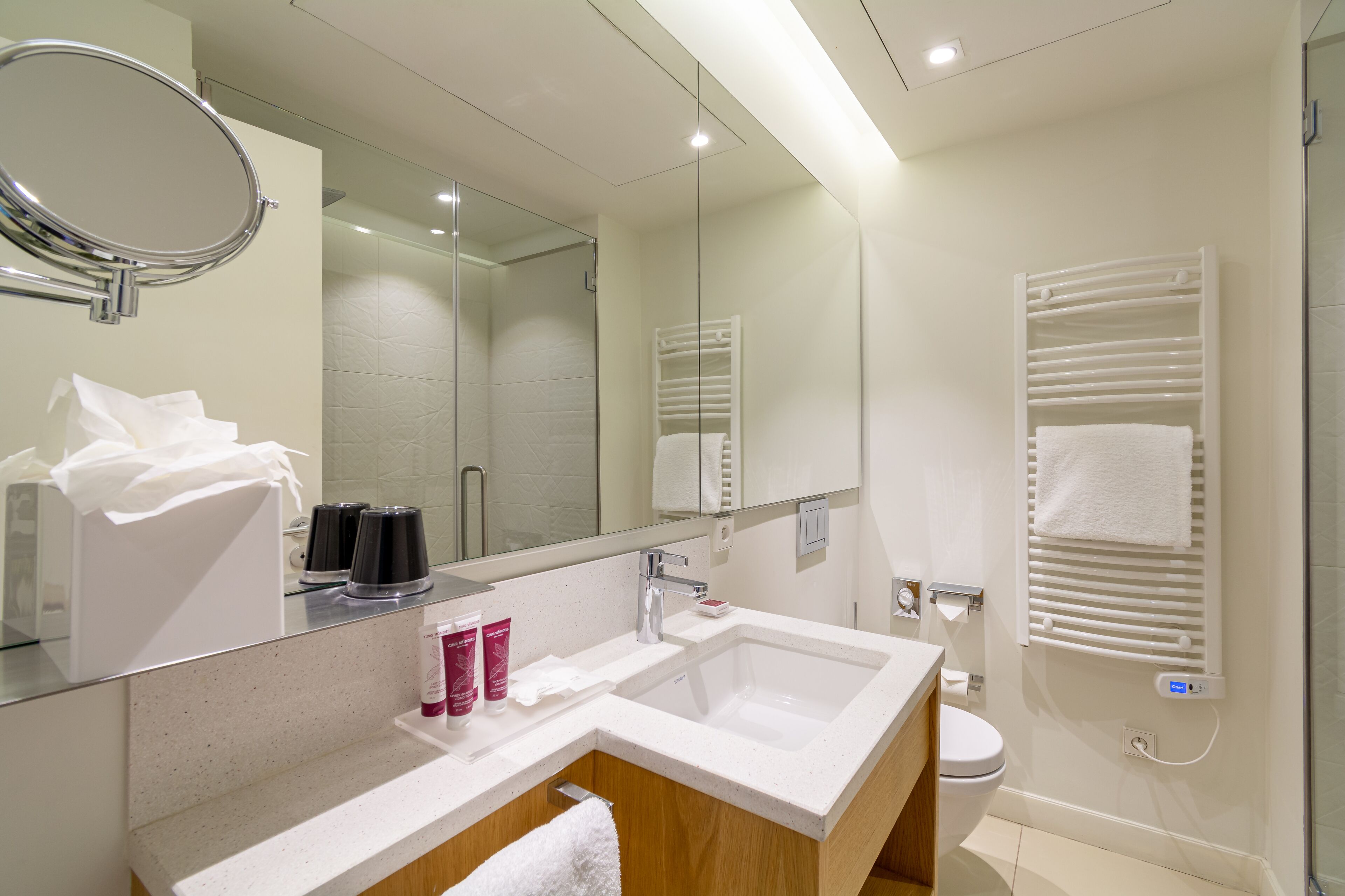 A modern bathroom with a double sink, a large mirror, a towel rack, and a heated towel rail.