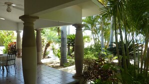 A covered outdoor area with hexagonal tile flooring, columns, and a variety of tropical plants. - Casa Sun Guadalupe (San José del Cabo)