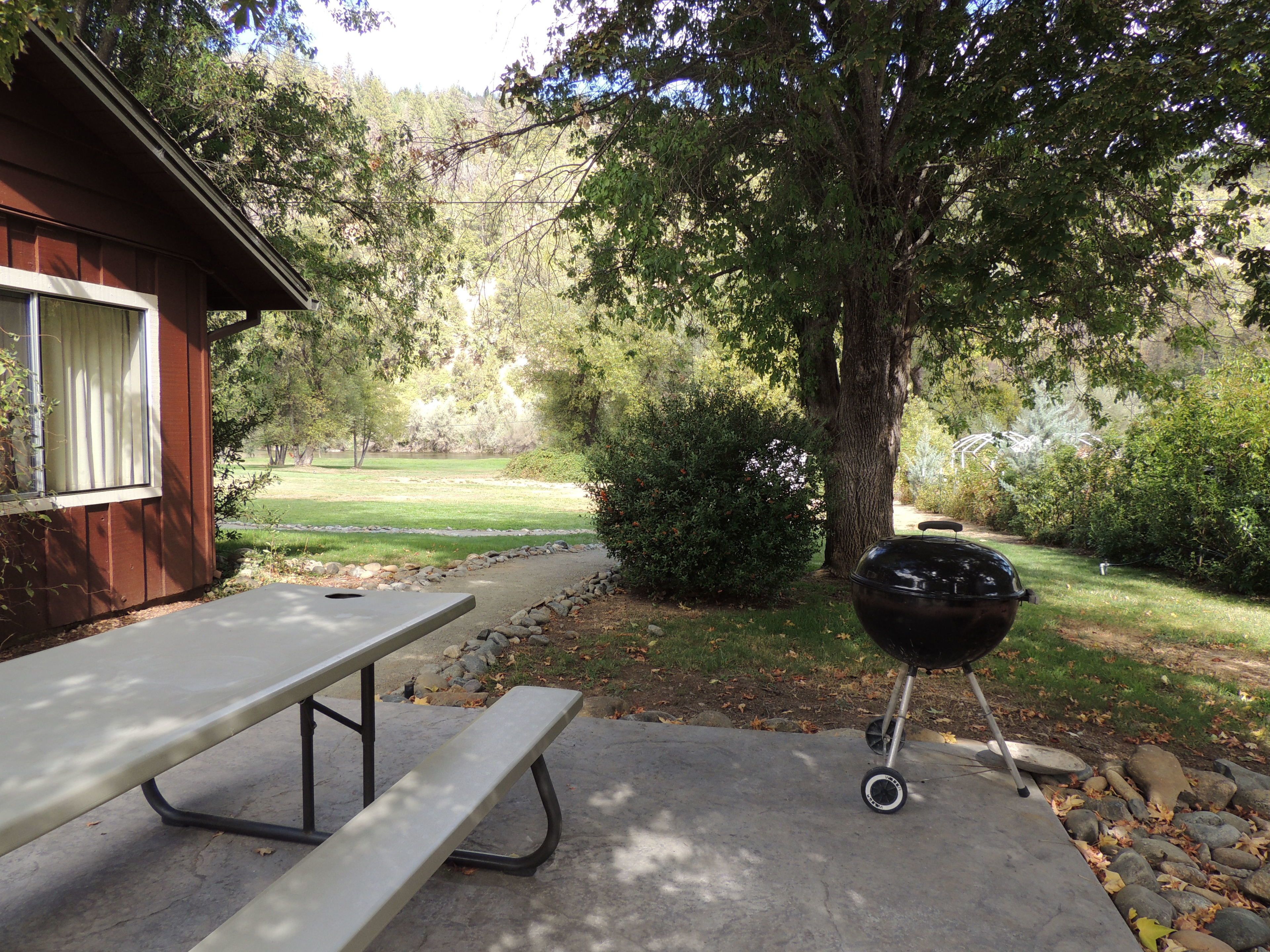 Una mesa de picnic y una parrilla en un patio trasero con una casa, árboles y césped.