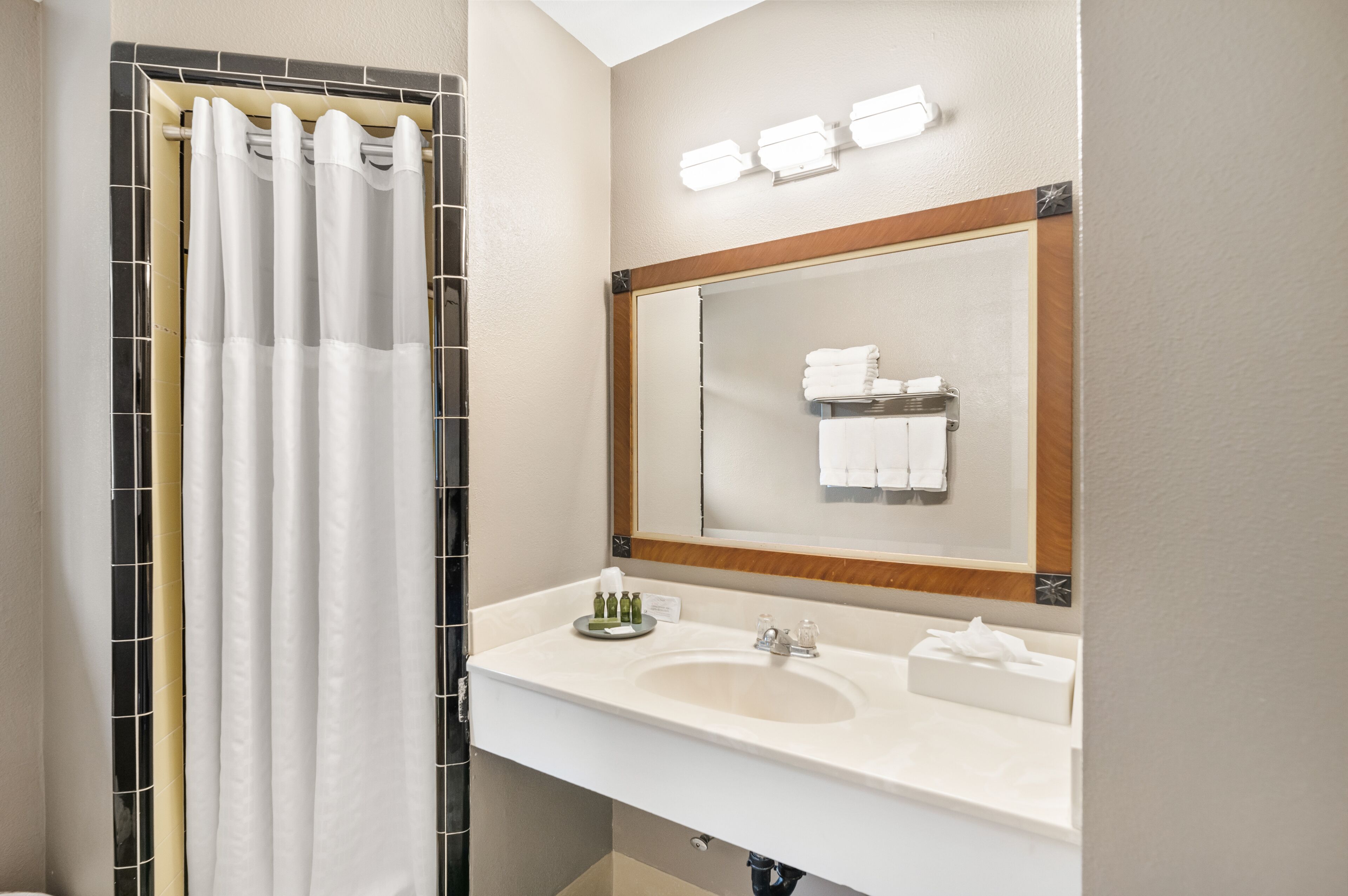 A bathroom with a white sink, mirror, and shower curtain.
