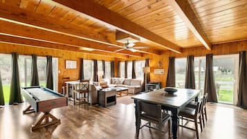 Cabin | Living area | 55-inch flat-screen TV with satellite channels, TV, fireplace