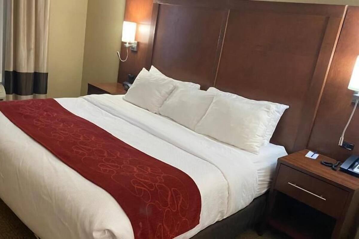 A hotel room with a large bed, a bedside table with a lamp, a wooden headboard, and a window with curtains.