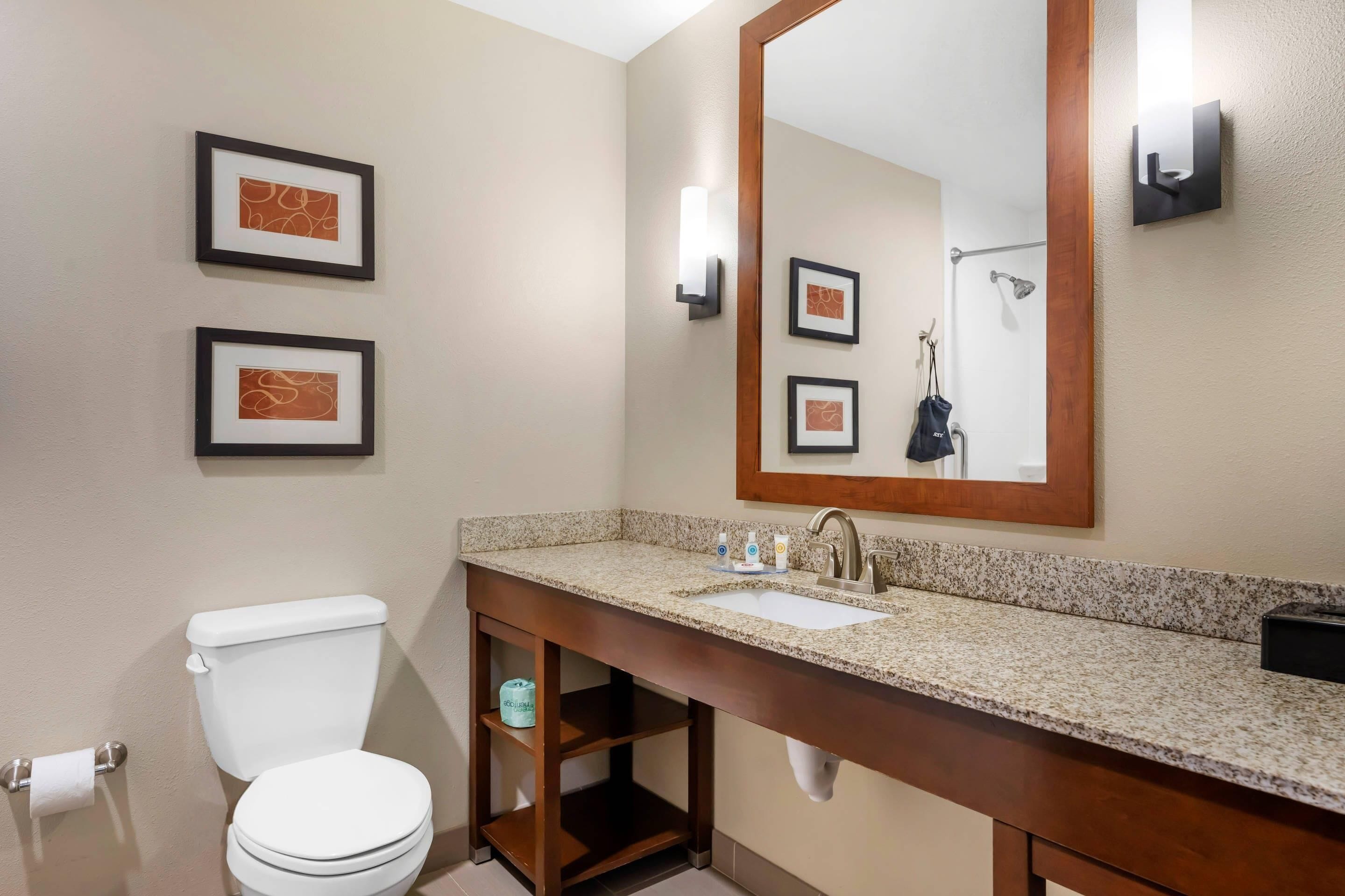 A bathroom with a toilet, sink, and large mirror. There are framed pictures on the wall and a towel rack.