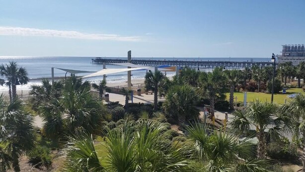 A coastal view with a pier extending into the sea, surrounded by palm trees and a grassy area. - Admiral Motor Inn (Myrtle Beach)