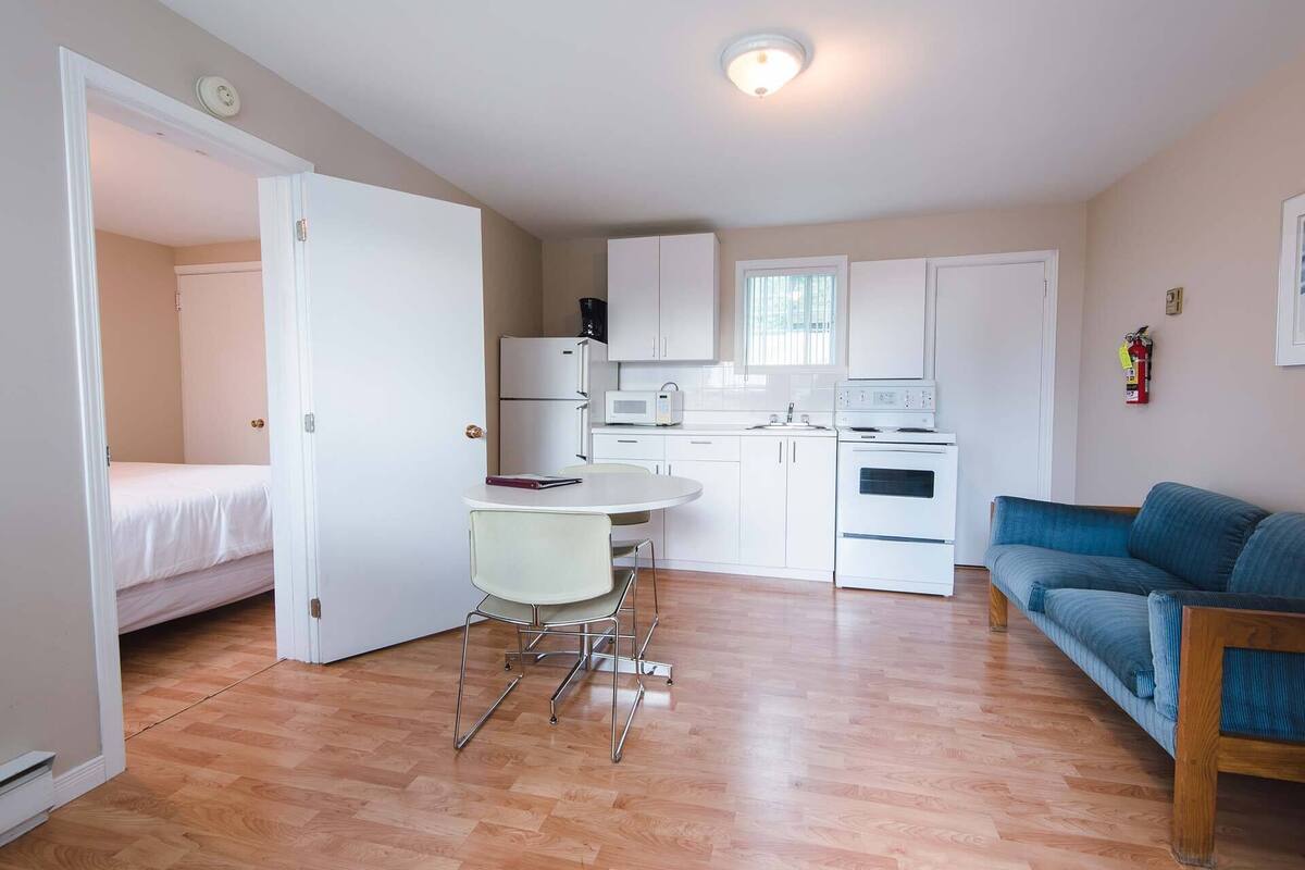 A compact living space with a kitchenette, a dining area, a bed, and a sofa.