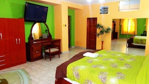A hotel room with a bed, a desk, a television, and a mirror. - Colon Plaza Hotel (Ica)