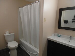 Combined shower/tub, free toiletries, hair dryer, towels