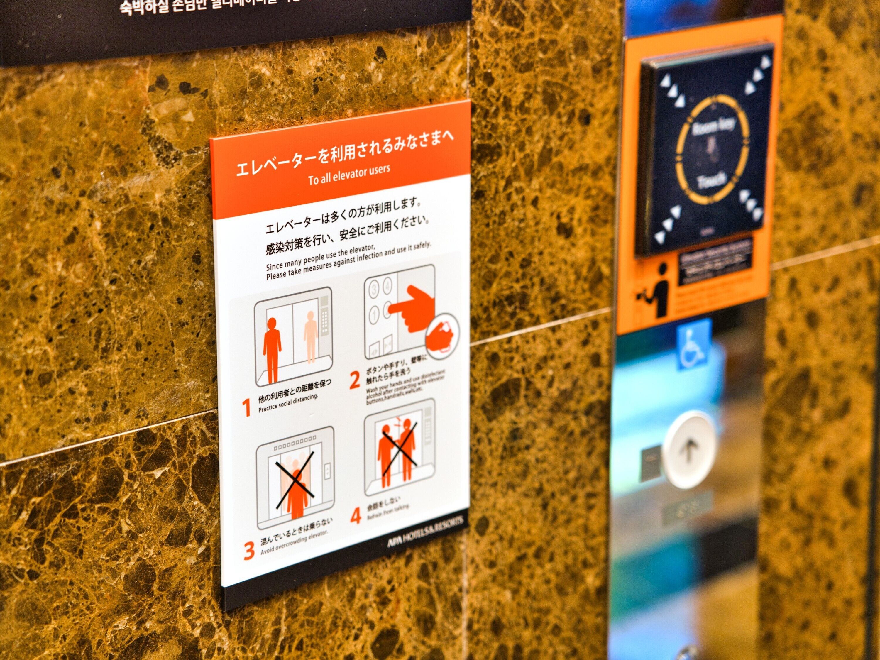 Señal de seguridad con instrucciones para el uso del ascensor, incluyendo el distanciamiento social y la prevención de aglomeraciones.