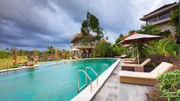 Outdoor pool, pool umbrellas, pool loungers