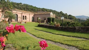 Un edificio con techo de tejas, ventanas de arco y pared de piedra.