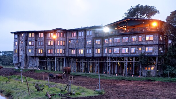 A rustic wooden building with multiple windows and balconies, surrounded by a fenced area with elephants. - Treetops (Aberdare National Park)