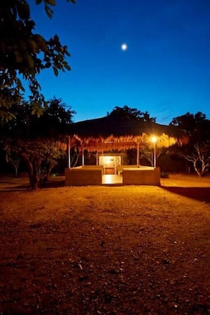 A thatched-roof structure with a central seating area and a small table, surrounded by trees and a clear night sky. - Koragaha Lodge (Thissamaharama)