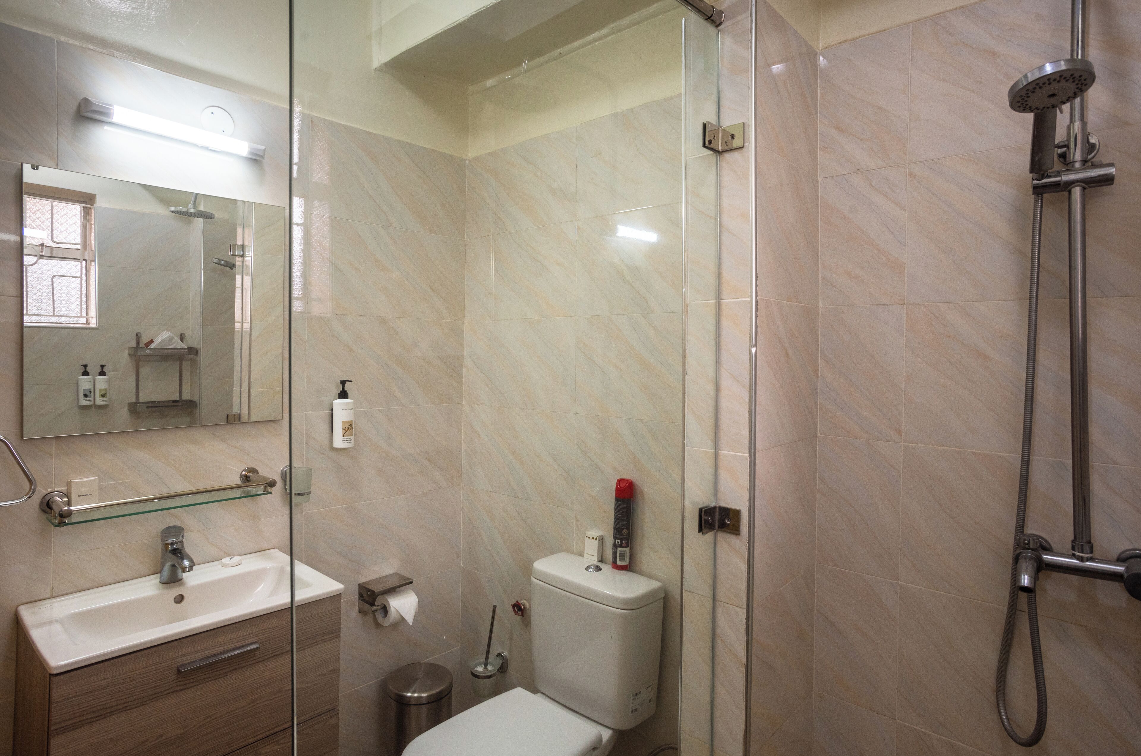 A modern bathroom with a glass shower enclosure, a sink with a mirror, and a toilet.