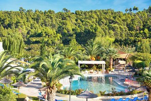 A resort pool area with a clear view of the surrounding forest, lounge chairs, and umbrellas. - Chrousso Village (Kassandra)