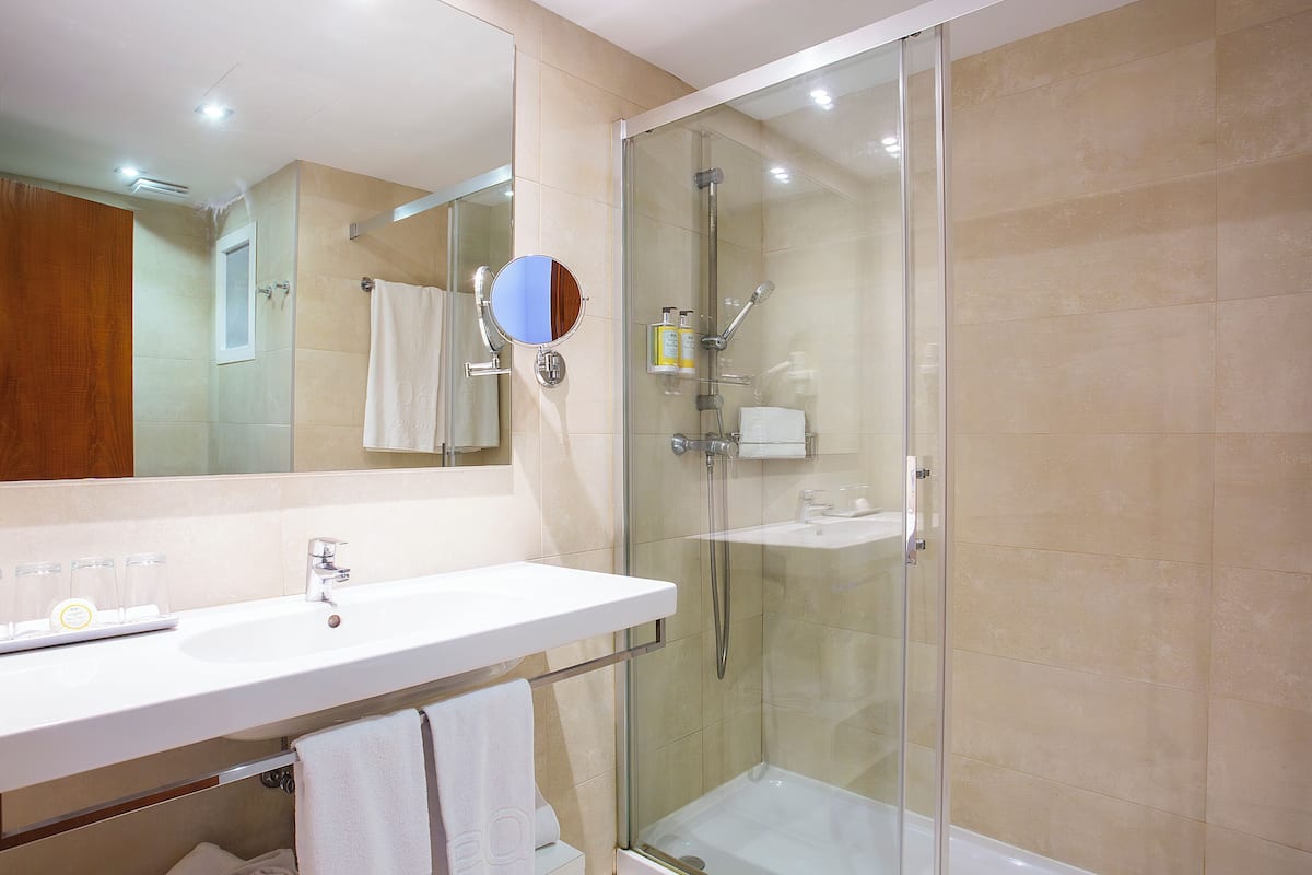 shower, free toiletries, hair dryer, towels