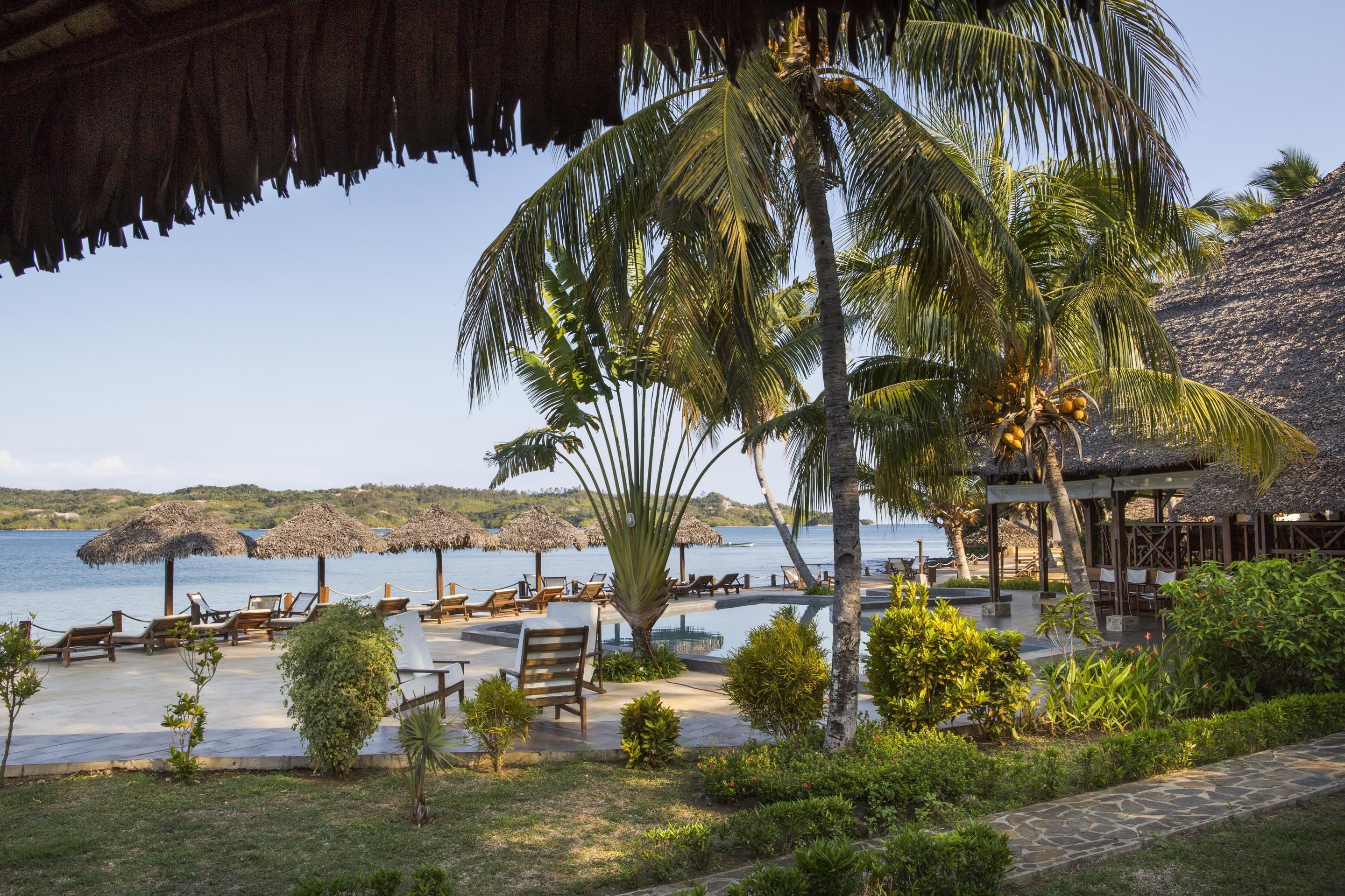 A resort pool area with lounge chairs, palm trees, and a view of the sea.