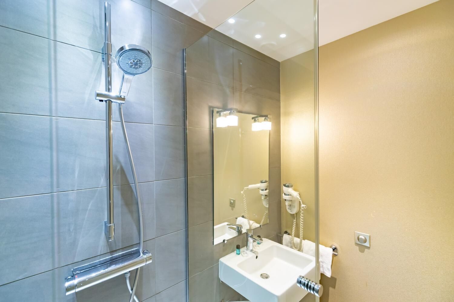 free toiletries, hair dryer, towels