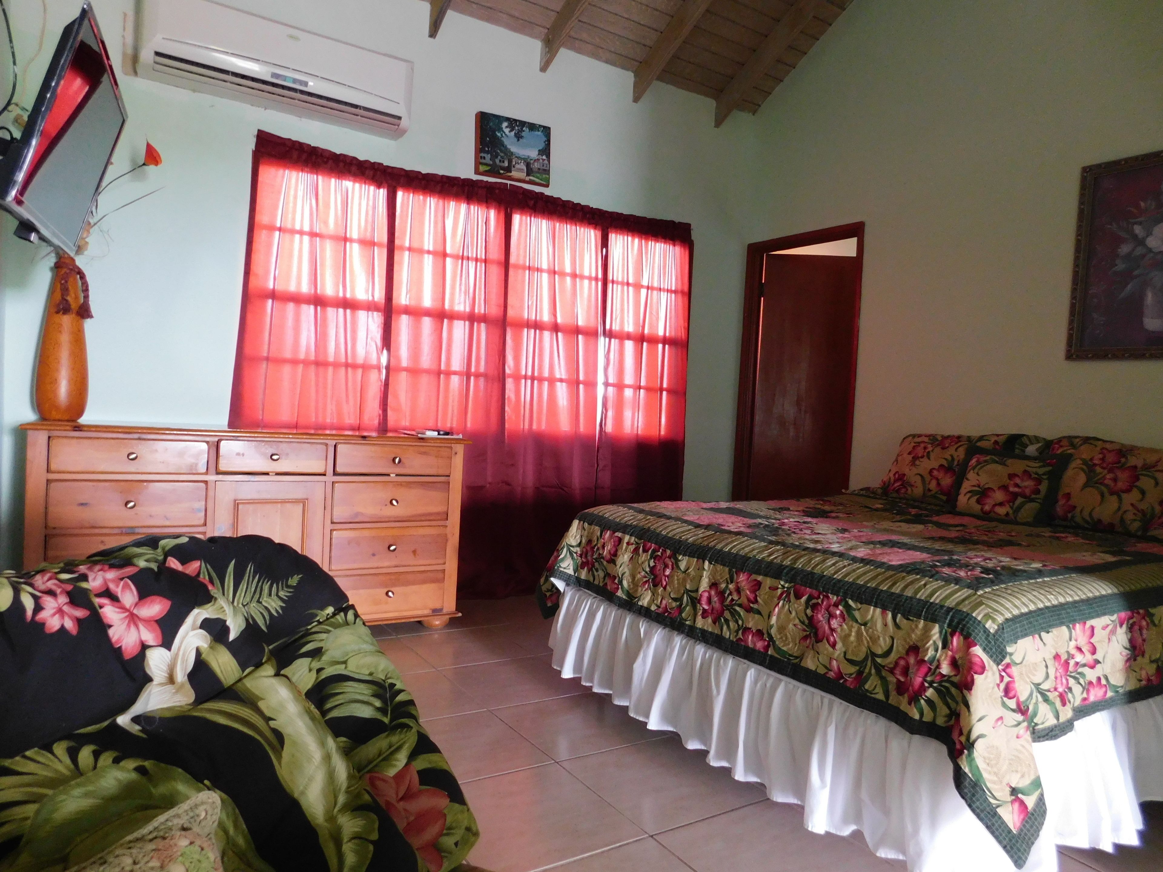 Une chambre à coucher avec un lit, une commode, un téléviseur et une porte.