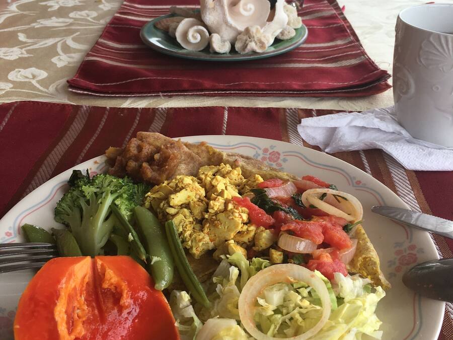 Una mesa de comedor con un plato de comida, una taza y un jarrón decorativo.