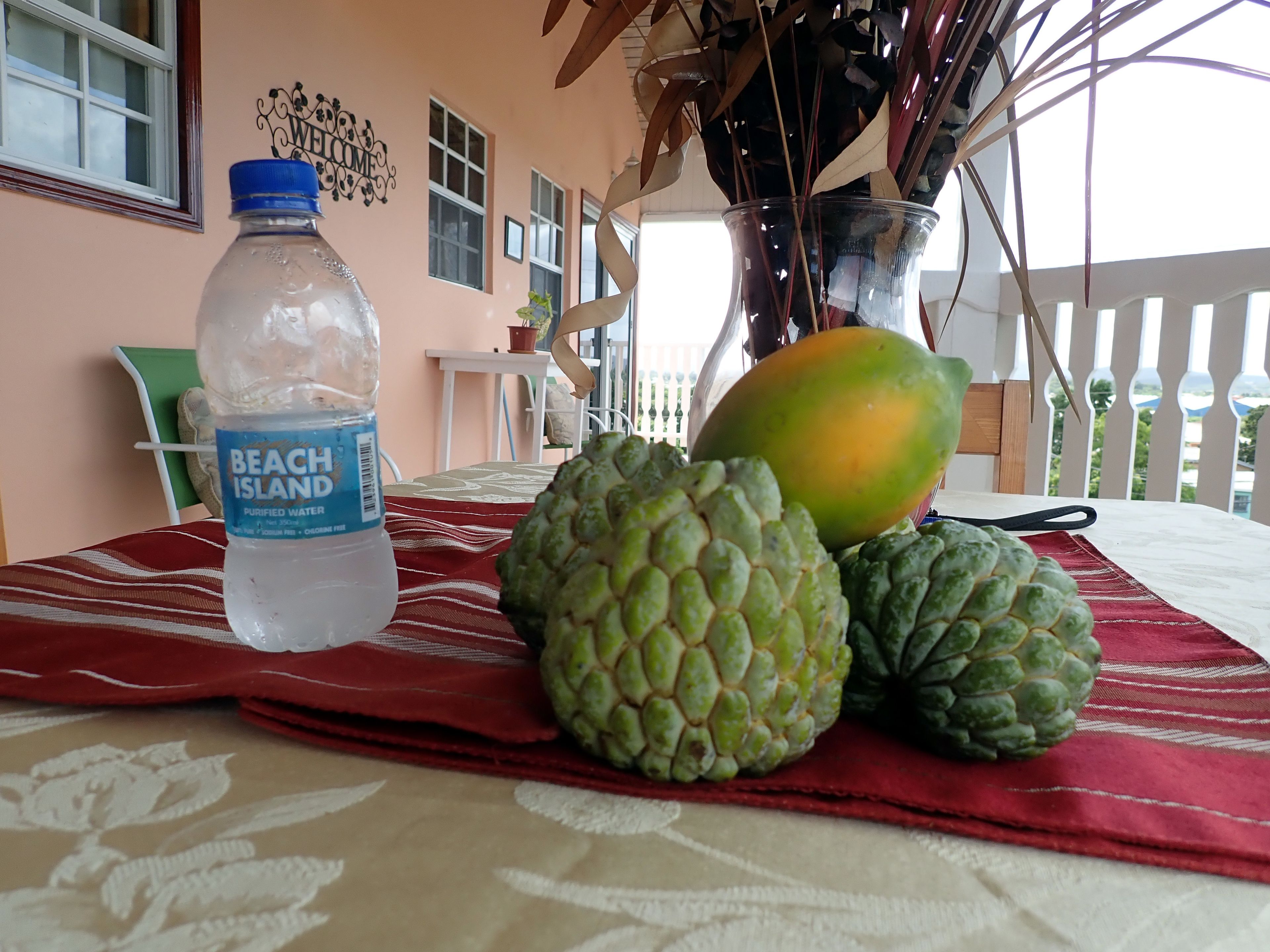 A table with a water bottle, a mango, and two artichokes on a red tablecloth.