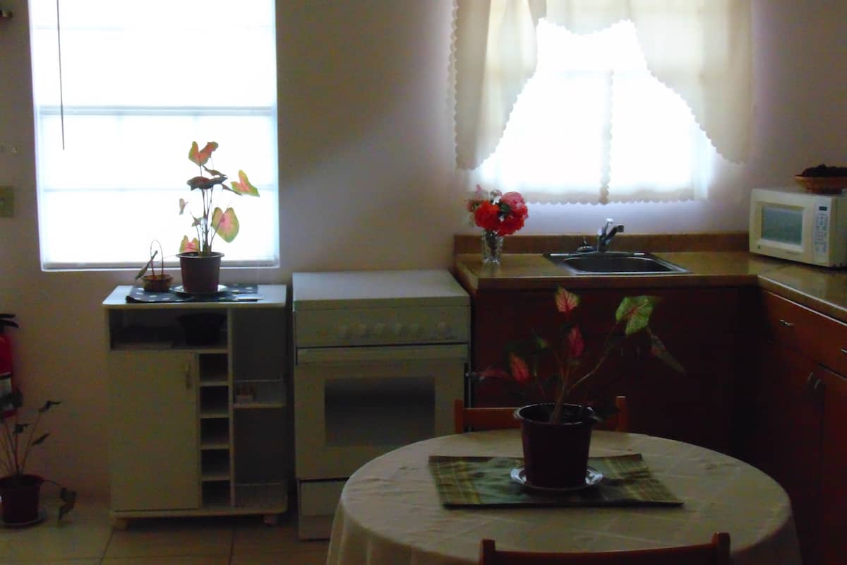 A compact kitchen with a stove, sink, and a dining table with chairs.