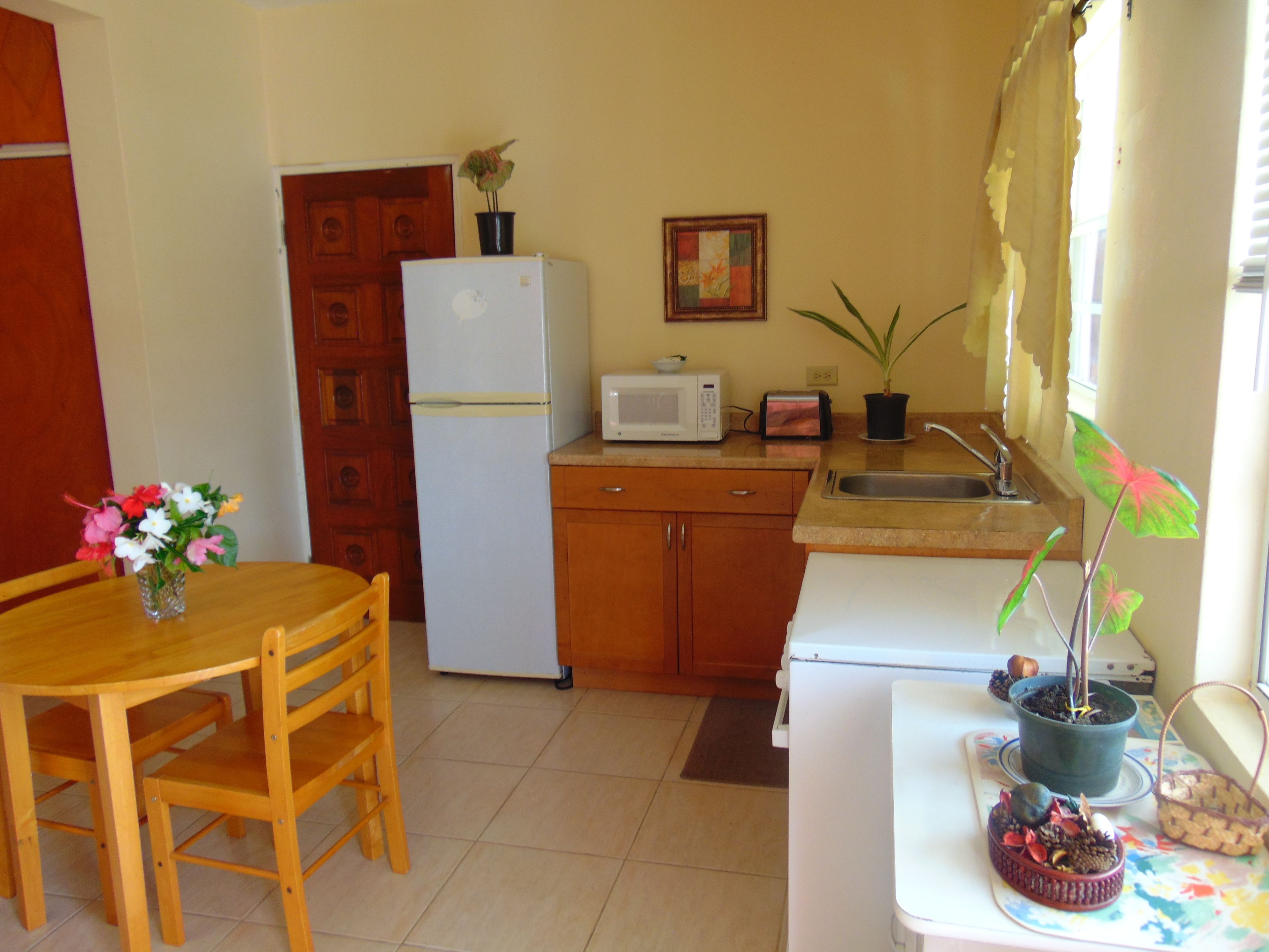 A small kitchen with a refrigerator, microwave, toaster, sink, and wooden cabinets. There is a dining table with chairs and a vase of flowers.
