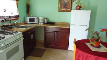 A compact kitchen with a gas stove, microwave, sink, and a refrigerator.