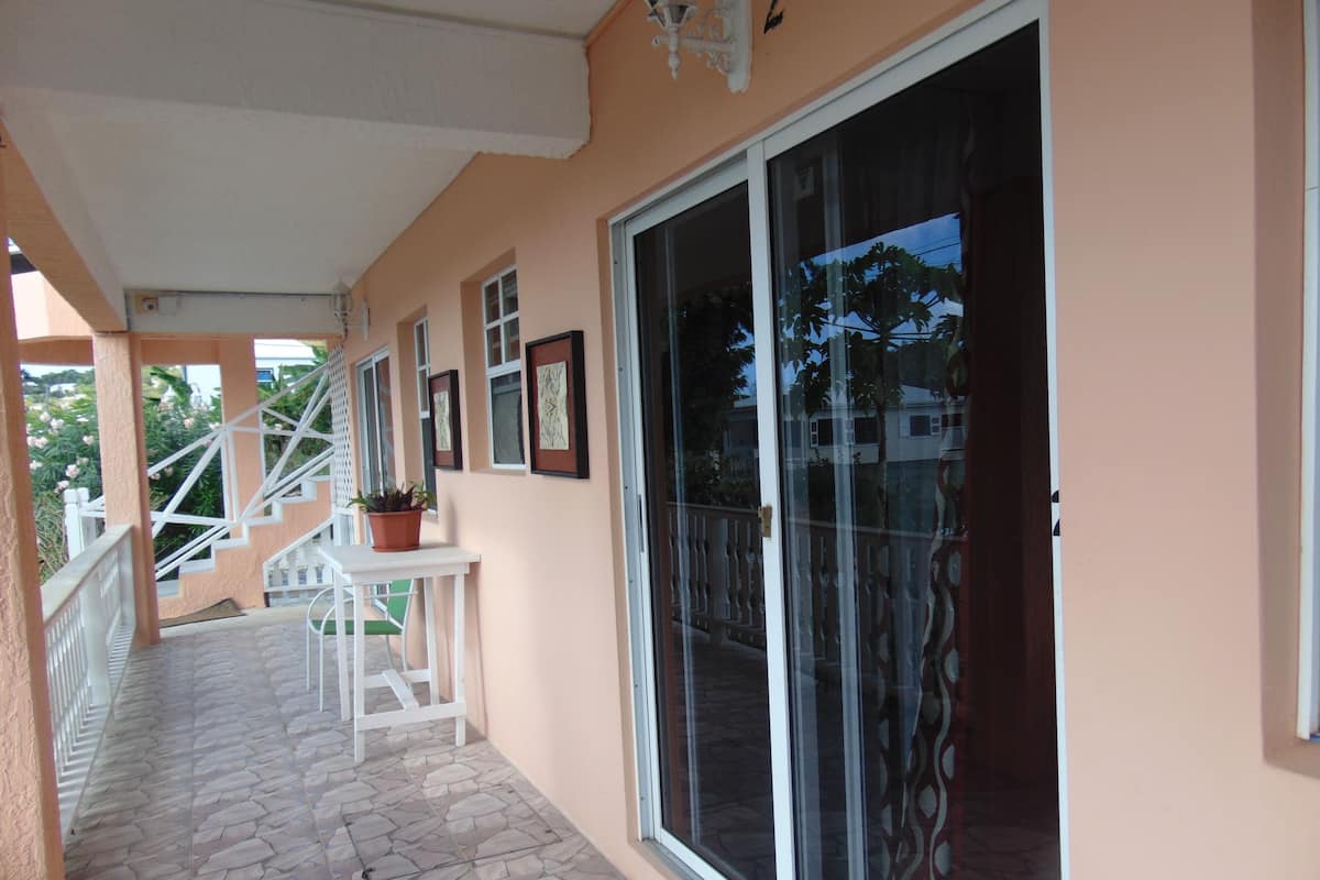 A covered balcony with a stone floor, white railing, and a potted plant.