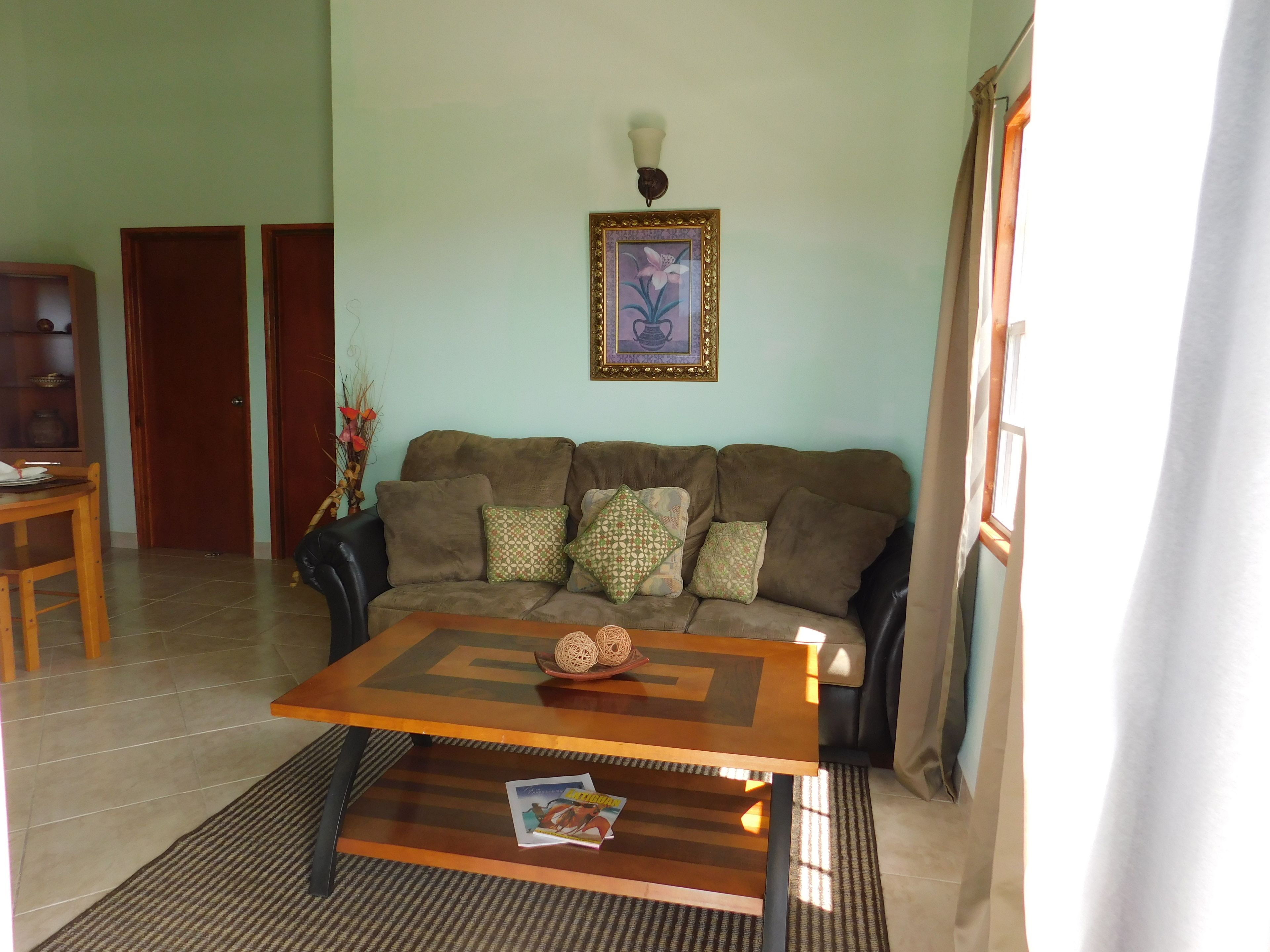 A living room with a brown sofa, a wooden coffee table, and a framed picture on the wall.