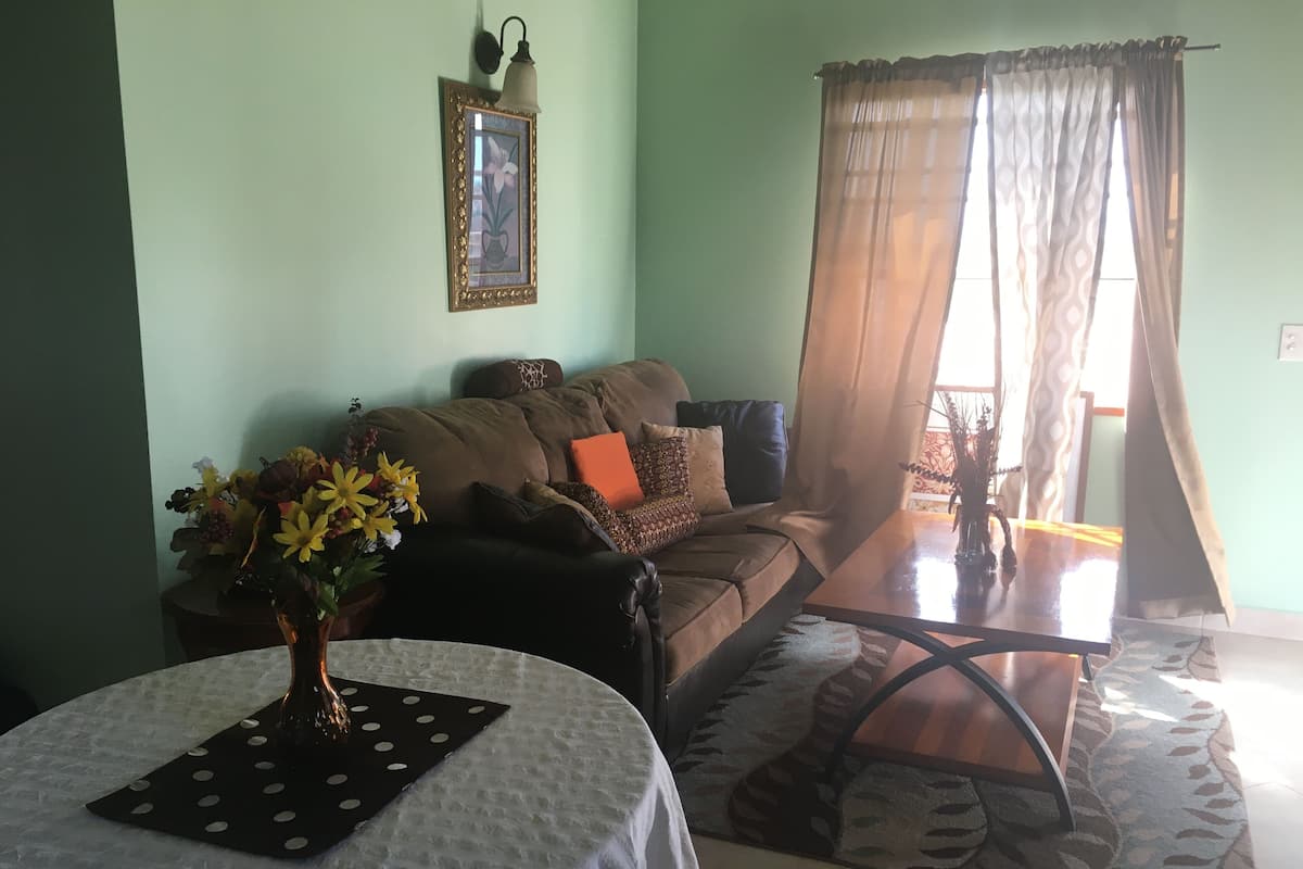 A living room with a sofa, a coffee table, a framed picture on the wall, and a window with curtains.