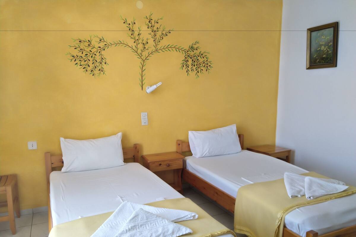 Two single beds with white linens, wooden headboards, and bedside tables.