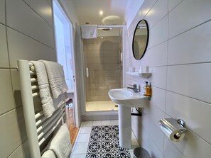 A modern bathroom with a walk-in shower, a white sink with a mirror above it, and a towel rack with towels.