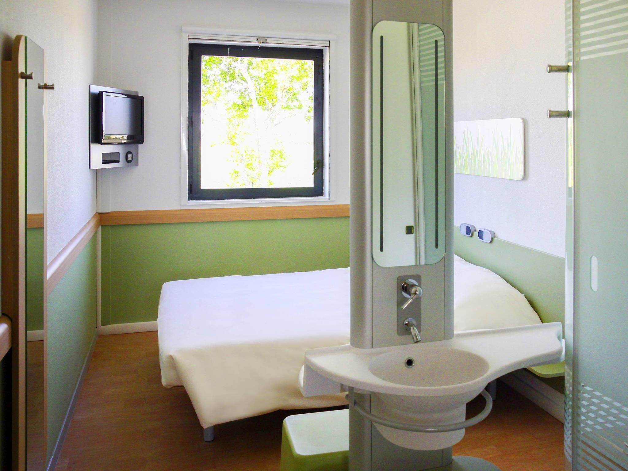 Une chambre d’hôtel avec un lit, une fenêtre, une télévision, un lavabo et un miroir.