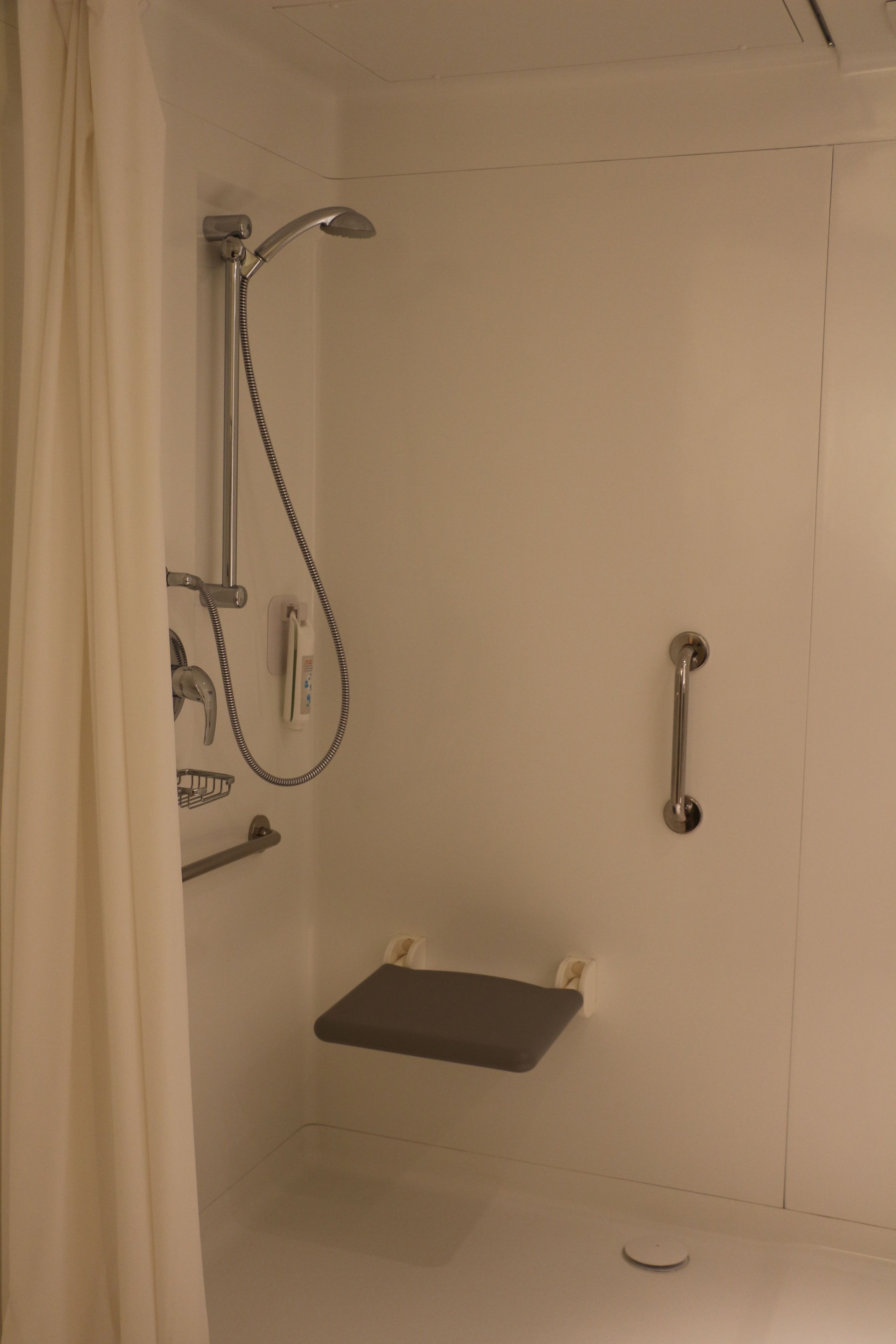 Een douche met een handdouche, een wandmengkraan en een handgreep.