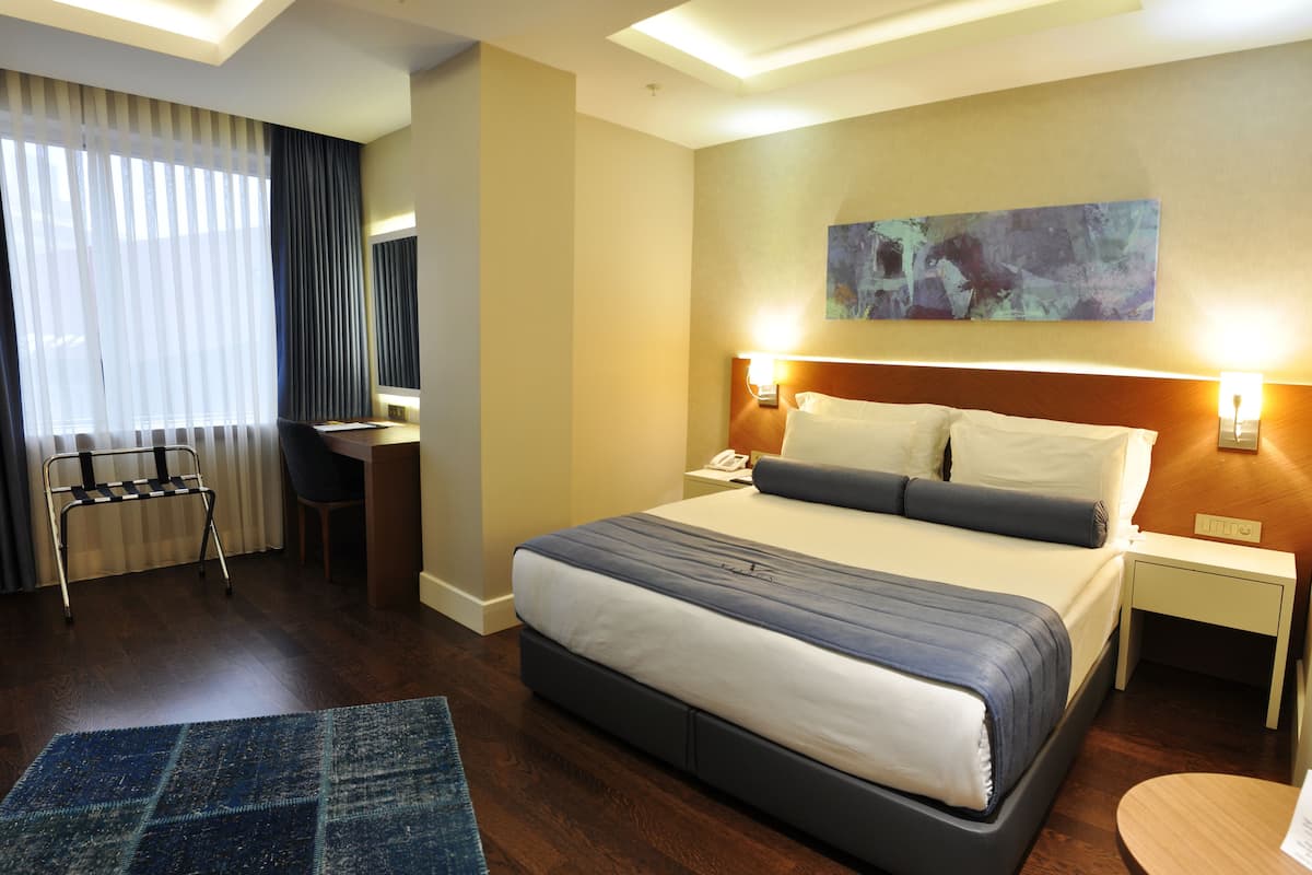 Habitación de hotel con una cama grande, un escritorio, una silla, una lámpara de escritorio, una mesita de noche, un cuadro en la pared y una ventana con cortinas.