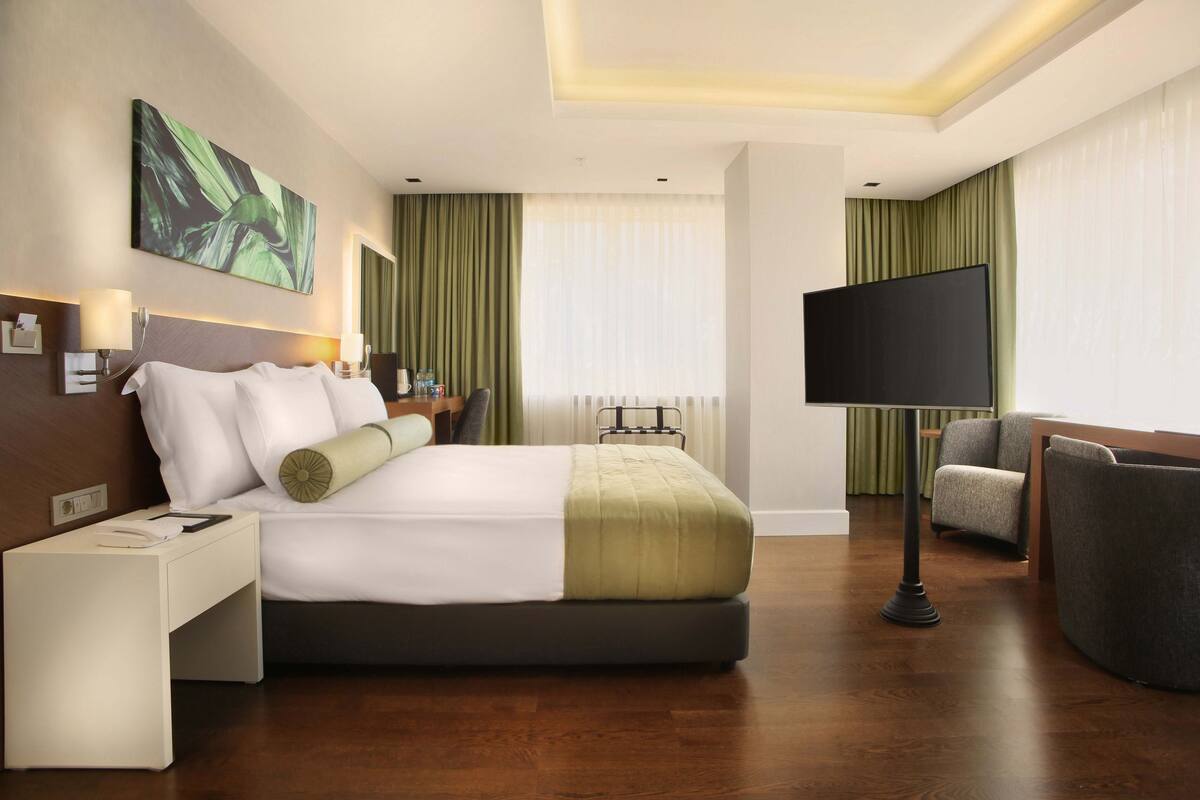 Una habitación de hotel moderna con una cama grande, un televisor de pantalla plana, un escritorio y una silla.