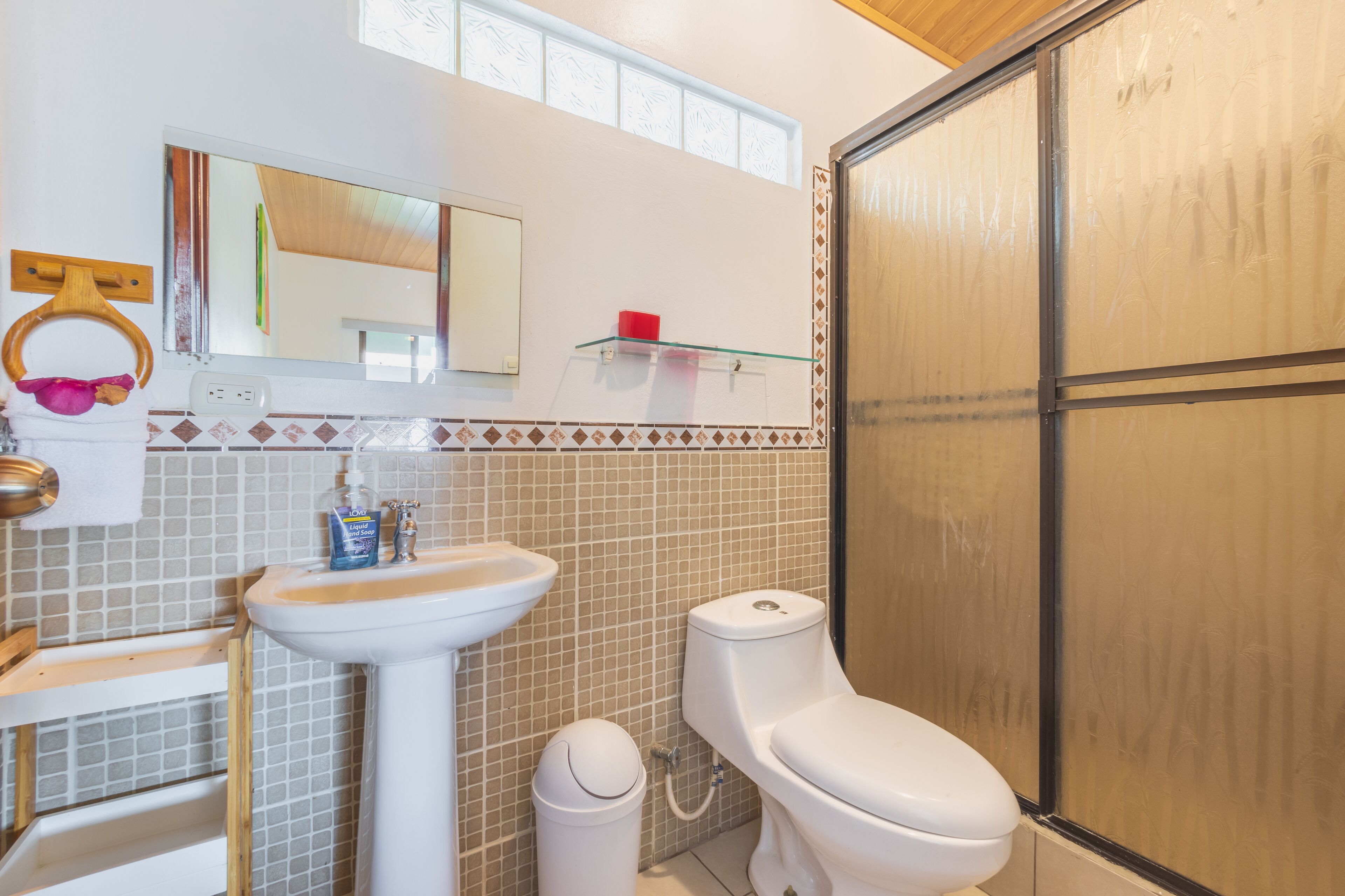 room | bathroom | shower, rainfall showerhead, towels