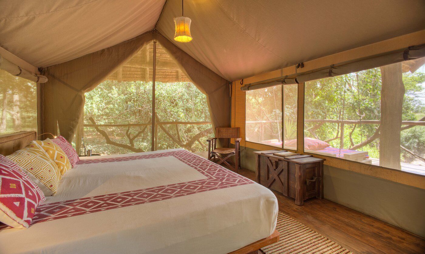 Una habitación con carpa, una cama, una mesita de noche de madera y vistas a árboles a través de amplias ventanas.