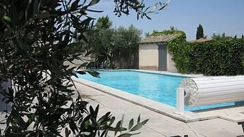 Seasonal outdoor pool, pool loungers